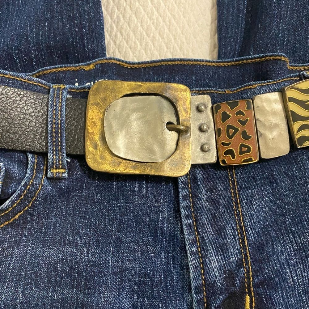 Chico's Multitone Metal Accent Leather Belt - Black with Gold and Brown Accents